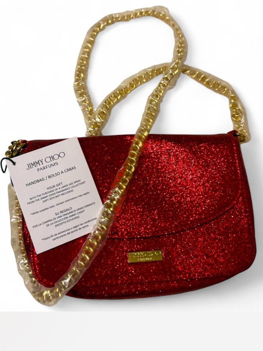 Jimmy Choo Red Glitter Crossbody with Gold Chain Strap